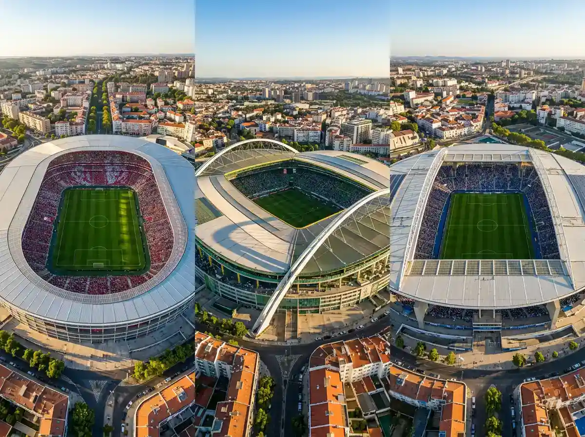 Luchtfoto van de drie grote stadions van de Primeira Liga: Estádio da Luz, Estádio do Dragão en Estádio José Alvalade