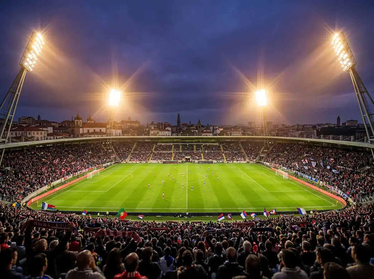 Panoramisch uitzicht op een Portugees voetbalstadion tijdens een avondwedstrijd in de Primeira Liga